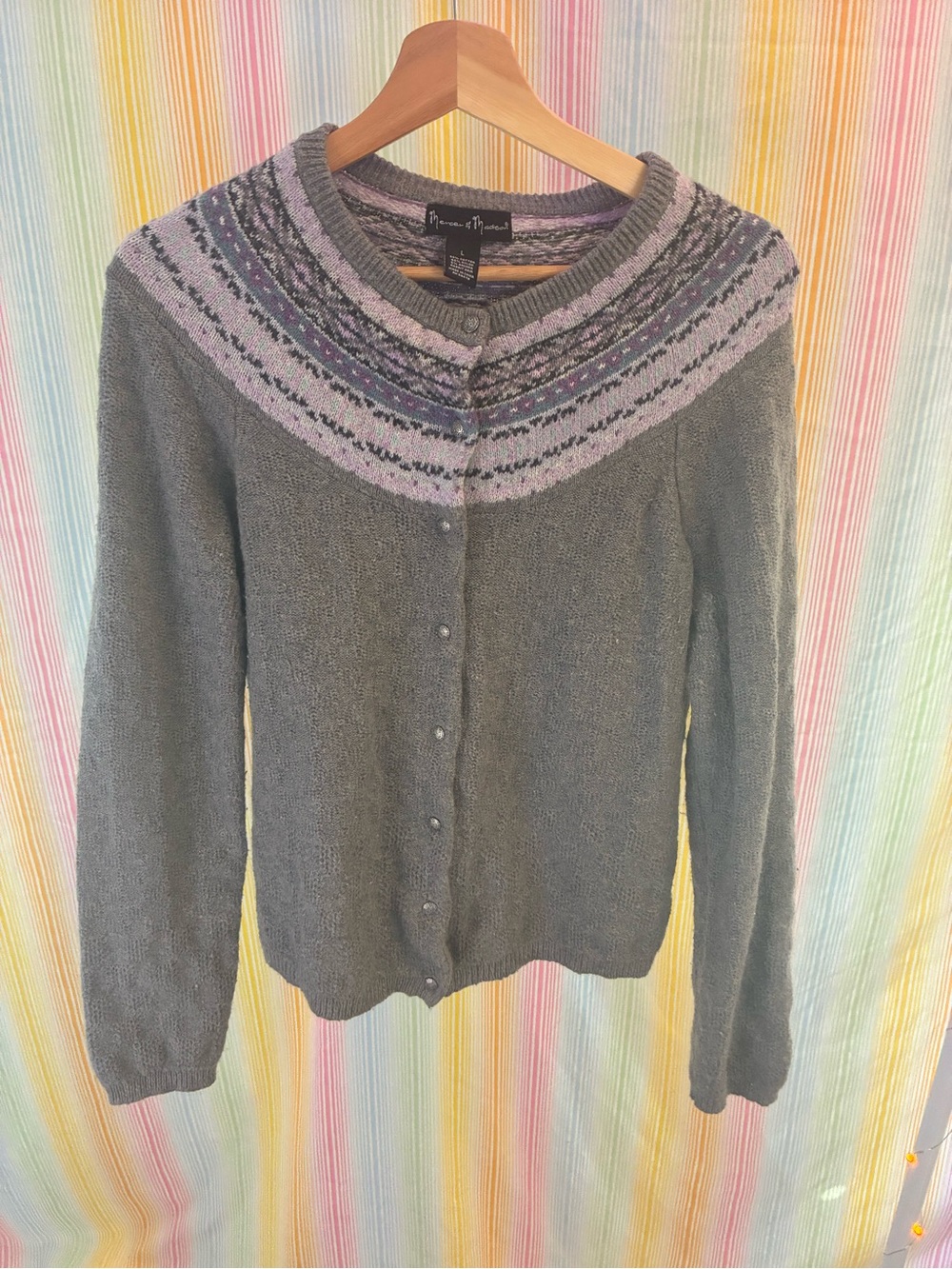 Mercer & Madison grey Angora knit cardigan w/ lavender trim, size L - Picture 4 of 8